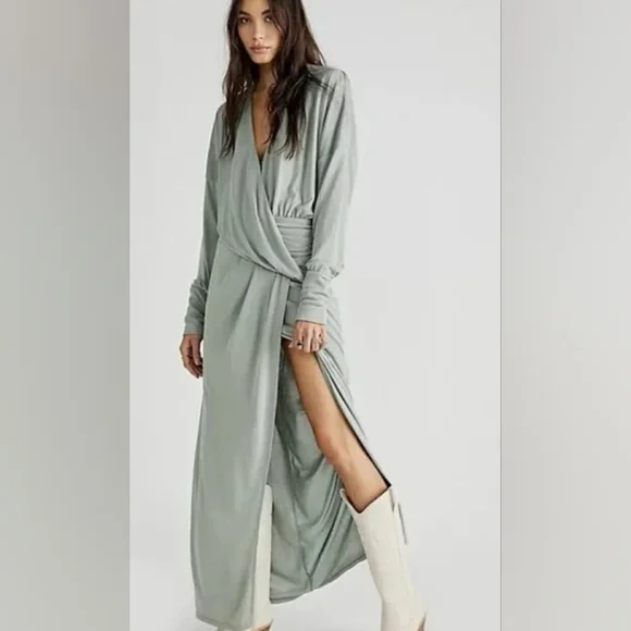 free people maxi wrap dress Free People Size S Fiona Maxi Wrap Dress Midnight Navy Blue Boho Lined High Low